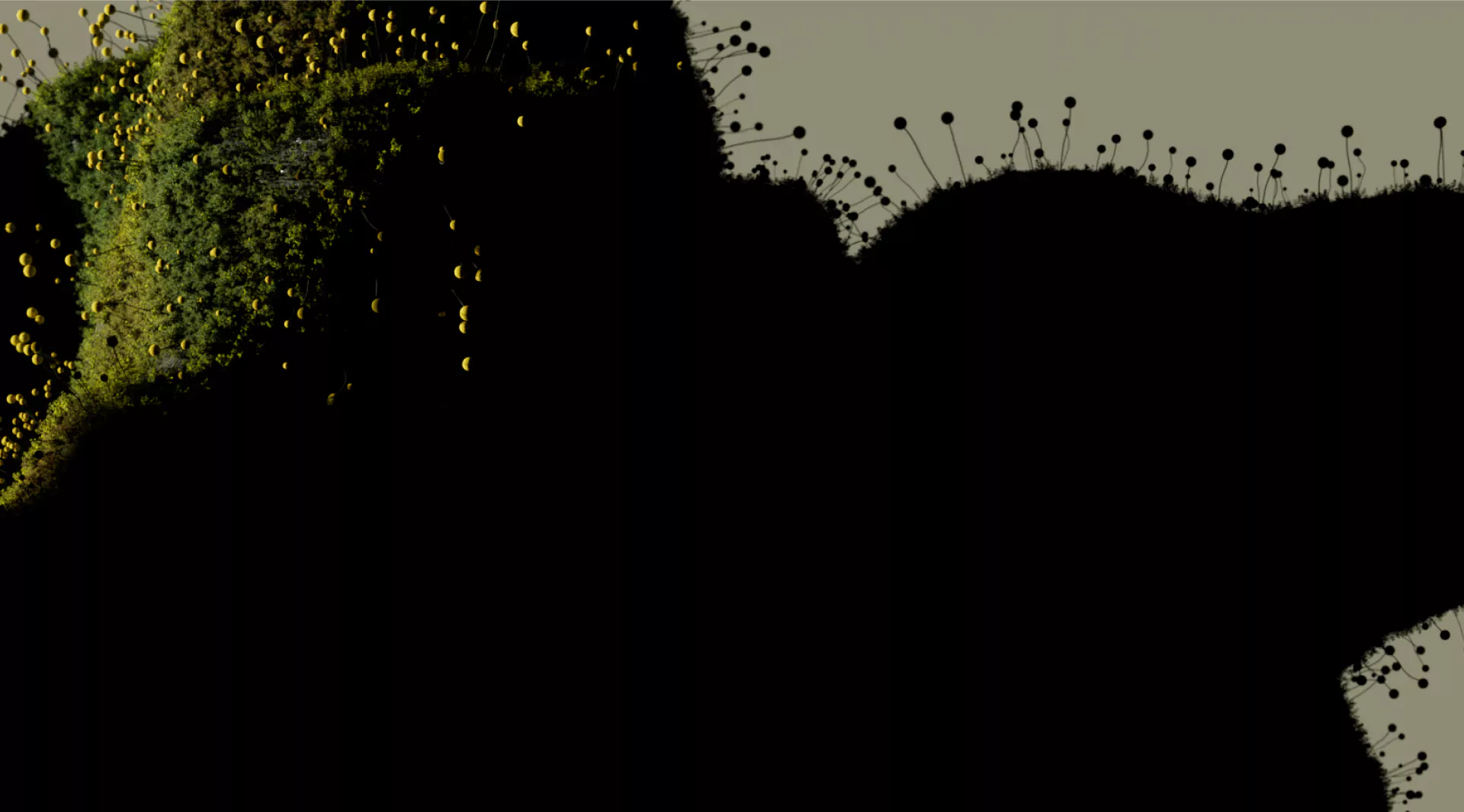 An abstract mossy landscape with yellow and black stalks